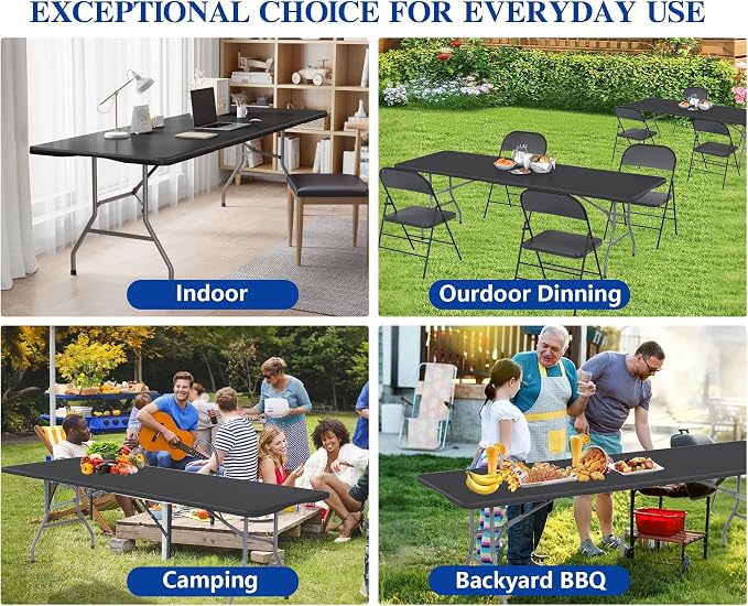 8FT Folding Tables – Heavy Duty Portable Foldable Picnic Table with Built-in Handle, 450 lb Capacity – Ideal for Events, Parties, Crafts, Camping & Dining (10-Pack, Black)