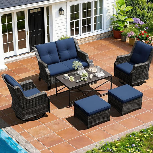 Outdoor Patio Furniture Set, 6 Piece Wicker Patio Furniture with Thick Cushions, Curved Armrest, Deep Seating, Outdoor Swivel Rocker Chairs for Porch, Deck, Balcony