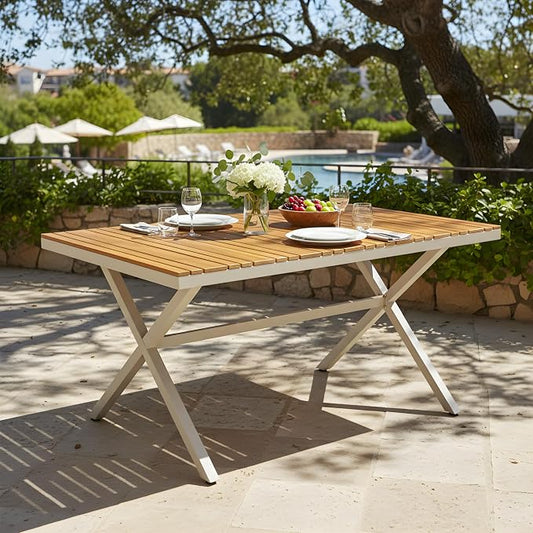 Christopher Knight Home Rado 55”L Wooden Outdoor Dining Table with Steel Frame, Sturdy Rectangular Patio Table for 4-6 People, Dining Room Table with Slatted Design and X-Shaped Legs, Teak + Beige
