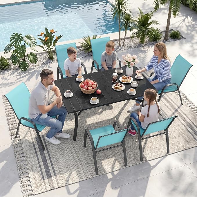 Outdoor Dining Set for 6, Patio Metal Table and Chairs Set with 1.97'' Umbrella Hole, 7pcs Patio Furniture Set 63”x37.8” Dining Table Set with Stackable Chairs for Backyard Pool Deck