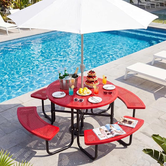 46" Outdoor Round Perforated Picnic Table Metal Camping Table with Umbrella Hole - Heavy Duty Steel Mesh Picnic Bench Set for Backyard Garden Deck, Red