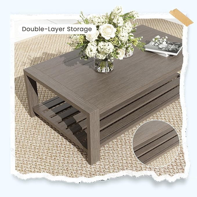UDPATIO Aluminum Patio Furniture Set, Faux Wood Grain Modern Outdoor Furniture, 6" Cushions Metal Patio Conversation Sofa with Coffee Table for Poolside Deck, 6 PCS, Beige(Include 600D Covers)