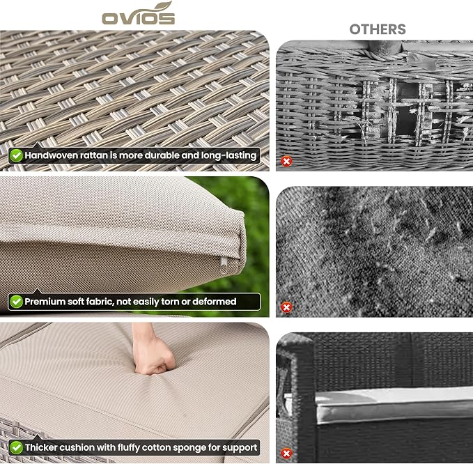 ovios 9-Piece Patio Furniture Set with L-Shape Sofa Chaise, Outdoor Sectional Couch Swivel Gliders Fire Pit Table, Modern Modular Wicker Rattan Conversation Set, Beige