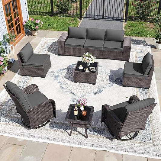 9 PCS Outdoor Patio Furniture Set,Outdoor Sectional Furniture All Weather PE Rattan Wicker Patio Conversation Set,Swivel Rocking Chairs Set,Grey