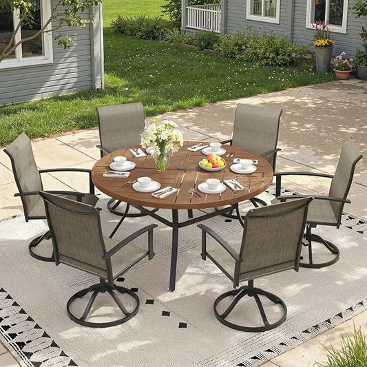 7 Pieces Round Outdoor Table and Chairs Set, Patio Dining Set with 50" Round Spliced Outdoor Table and Patio Swivel Chairs for Backyard Lawn Garden, Walnut Table and Mixed Brown Chairs