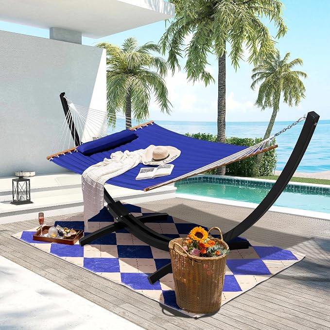Lazy Daze Hammocks Outside Quilted Hammock with 13 FT Curved Steel Heavy Duty Stand and Pillow for Outdoor, Backyard, Patio, 450 Lbs Capacity, Blue
