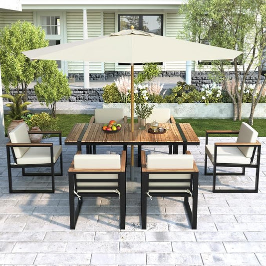 7 Pieces Outdoor Dining Set Patio Dining Table and Chair Set with and Removable Cushions for Patio, Backyard, Garden (Beige@40)