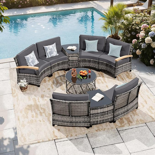 MEISSALIVVE 9-Piece Half-Moon Curved Outdoor Patio Furniture Set, Sectional Conversation Sofa with Wood Armrests, Coffee & Side Tables for Backyard Deck Garden, Grey