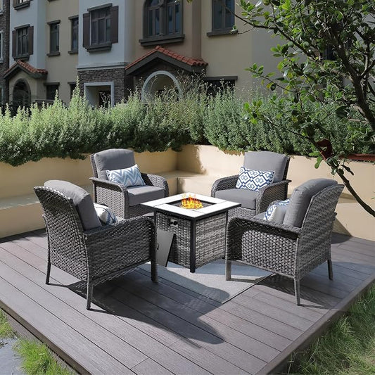 ovios 5-Piece Patio Furniture Set, Outdoor Wicker Sofa with Chairs Fire Pit Table, High Back Rattan Chair with Comfy Cushions for Porch Yard Deck, Dark Grey
