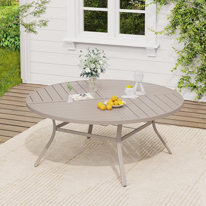 VICLLAX 63" Round Outdoor Table, Patio Dining Table for 8-10 with Umbrella Hole for Garden Lawn Deck Backyard, Sandshell