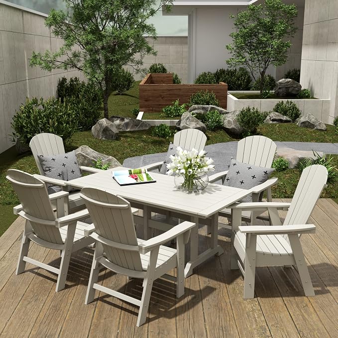 WestinTrends Dylan Adirondack Outdoor Dining Set for 6, All Weather Poly Lumber Patio Table and Chairs Set of 6, 71" Trestle Outdoor Table and Seashell Adirondack Dining Chair, Sand