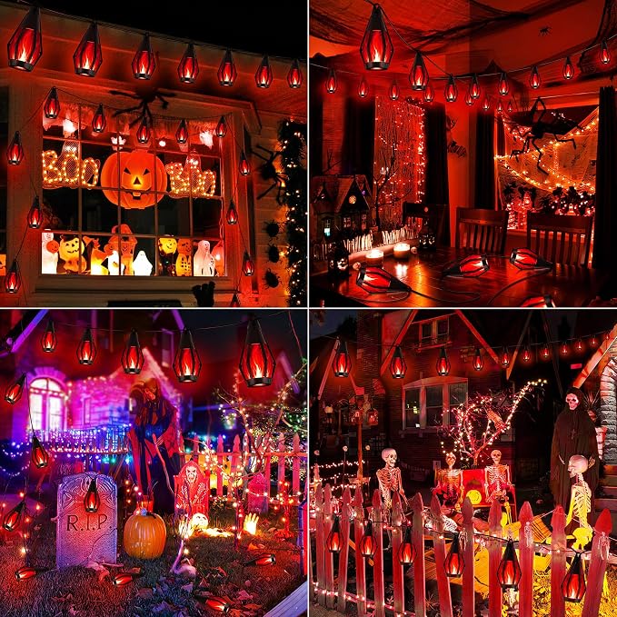 iBaycon 42FT 15 LED Solar Flame Halloween String Lights Outdoor, Red | Ultra-Real Flickering Flame Lamp Outdoor Waterproof, Solar Patio String Lights for Garden Yard Lawn Halloween Decorations