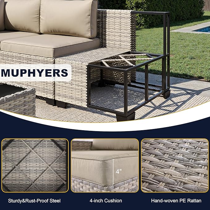13-Piece Outdoor Patio Furniture Set with Rocking Swivel Chair, Wicker Rattan Sectional Sofa Conversation Set with 55,000 BTU Fire Pit Table with Ottomans, Backyard Furniture, Beige