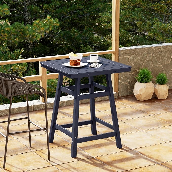 Costaelm Outdoor Bar Table, 37" Counter Height Square Patio Cocktail Bar Table with Umbrella Hole, Patio Bistro Dining Pub Table for Front Porch Deck Backyard Garden, Navy Blue