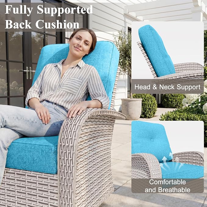 5-Piece Patio Furniture Set, Outdoor Swivel Rocking Chairs Set with Ottomans,All Weather Conversation Set for Porch Poolside Balcony,Cyan