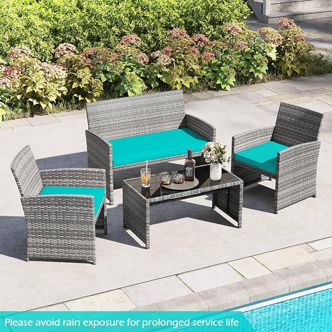 RELAX4LIFE 4-Piece Patio Furniture Set - Wicker Rattan Outdoor Sectional Sofa Set w/Glass Coffee Table, Loveseat, 2 Single Chairs & Soft Cushions, Bistro Conversation for Garden Porch (1, Turquoise)