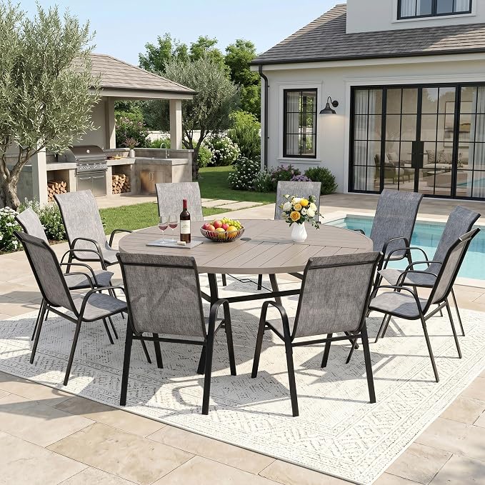 DIFY 11 Piece Outdoor Dining Set, 60" Grey Wood-Like Round Metal Dining Table and Grey Textilene Stackable Patio Chairs, Patio Table and Chairs Set for 10 with Umbrella Hole for Backyard Garden Deck
