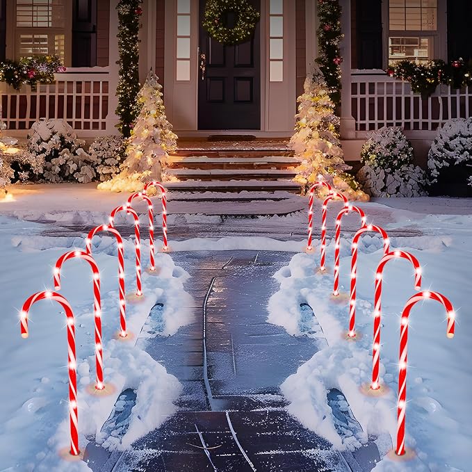 Joiedomi 12 Pcs Christmas Candy Cane Pathway Markers Lights, 12” Stakes Lights with Warm White, Waterproof Outdoor Decorations for Holiday Xmas Indoor,Yard,Patio,Garden,Walkway