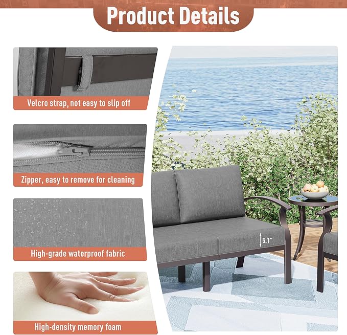 Kurapika Aluminum Patio Furniture Set 10-Seat Modern Metal Outdoor Conversation Sets w/45in Propane Fire Pit Table, Swivel Rocking Chairs Patio Sectional Sofa w/5.1 Inch Cushion, Grey