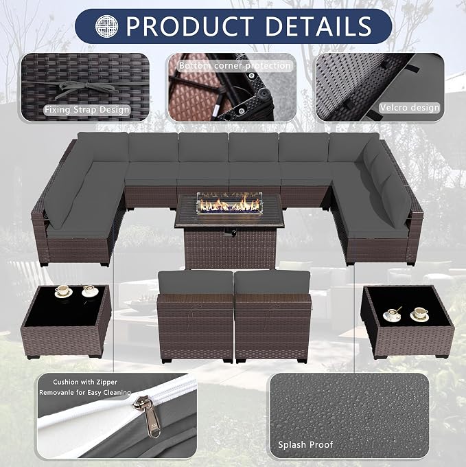 Outdoor Patio Furniture Set with Fire Pit Table, 15 Pieces Outdoor Furniture Set Patio Sectional Sofa w/43in Propane Fire Pit, PE Wicker Rattan Patio Conversation Sets - Gery.