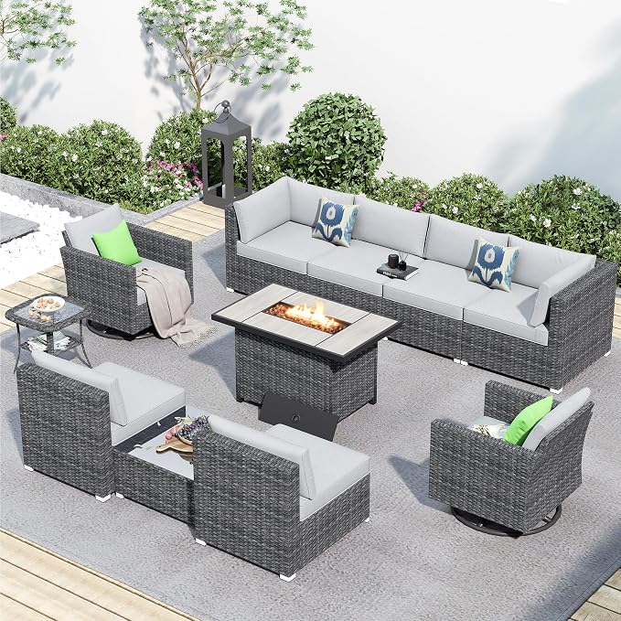 HOOOWOOO 11 Piece Patio Sectional Furniture Set with Fire Pit Table,Modern Wicker Outdoor Conversation Sofa Sets,Weather Resistant Modular L Shaped Outside Couch Swivel Chair Set(Light Grey)