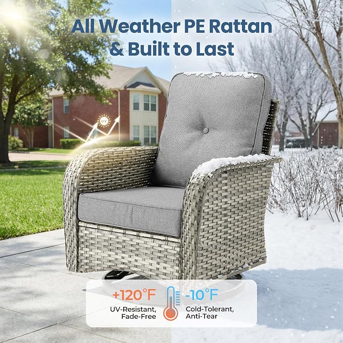 7 Piece Wicker Patio Furniture Set with Swivel Chairs, Dark Gray | High Back Rocking Chair Sofa, Heavy Duty All Weather Rattan Outdoor Conversation Set, Thick Cushion, Balcony Porch Backyard