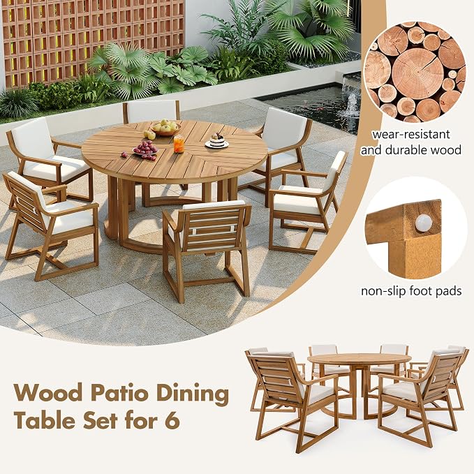 7-Piece Outdoor Dining Set, 59" Round Table with Umbrella Hole and 6 Padded Chairs, Rustic Patio Furniture Set for Garden Backyard Family Gatherings (Light Teak-R1)