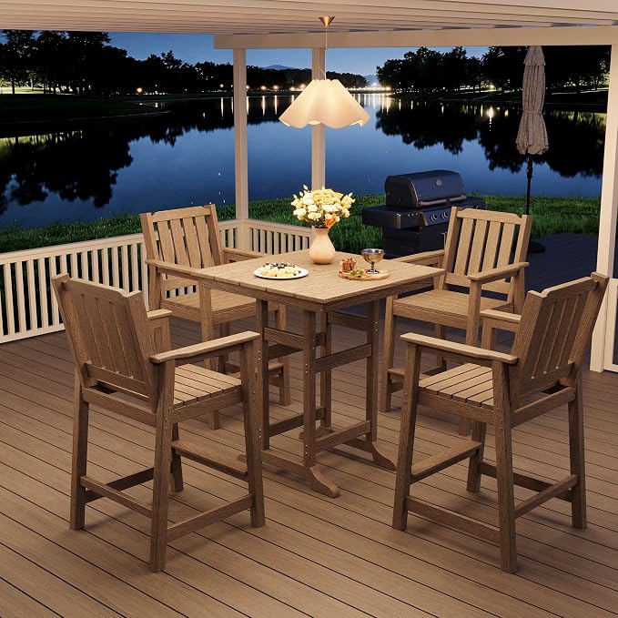 GAOMON Square Outdoor Bar Height Table, Patio Tall Side Bistro Table with Umbrella Hole, Weather Resistant High Top Dining Table for Backyard, Garden, Deck, Porch, Brown