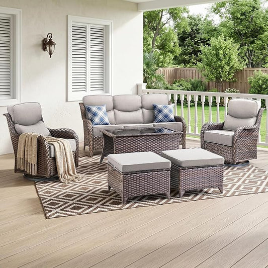 Luxury High Back Outdoor Furniture with 6-Inch Thick Cushions, Patio Furniture Set with Swivel Chairs, 6 PCS Wicker Conversation Set for Porch, Balcony, Deck and Yard