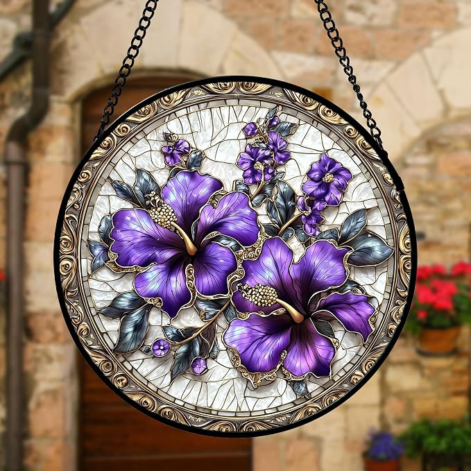 DASTOLL Stained Glass Window Hanging, Purple Flowers Romantic Suncatcher for Doors Home Sun Catchers Decoration and Christmas, Mother's Day Birthday Gifts for Women, Men, and Mom 6.3 in