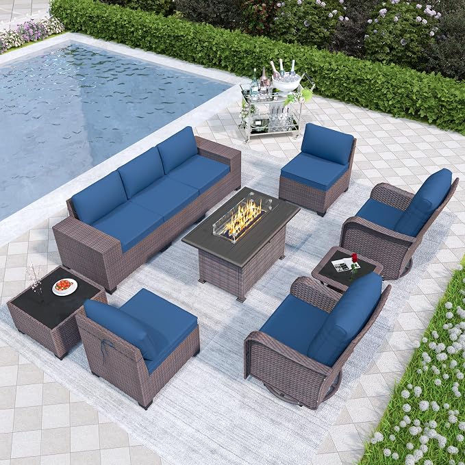 Patio Furniture Set 10 Pieces Outdoor Furniture Patio Conversation Set w/43in 55000 BTU Propane Fire Pit Table,PE Rattan Wicker 10 Pcs Outdoor Sofa Set w/Swivel Rocking Chairs,NavyBlue