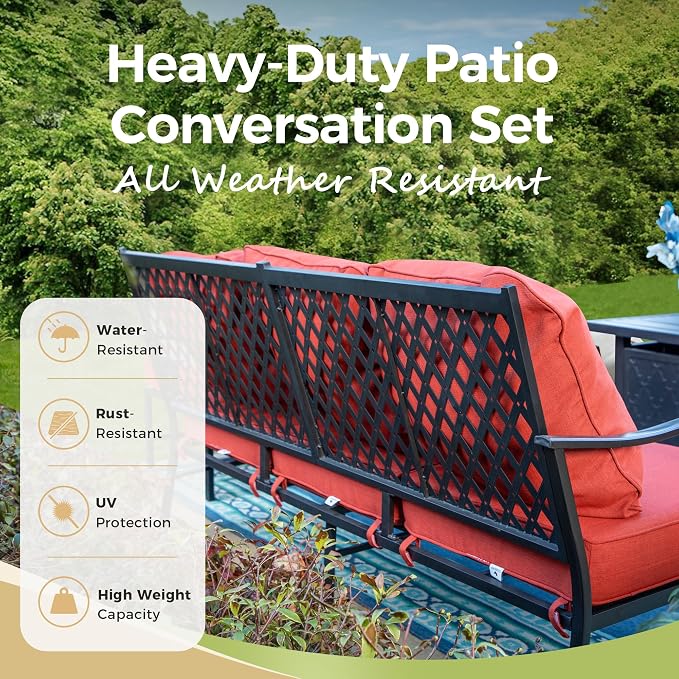 MIXPATIO Patio Furniture Set, 4 Pcs Metal Outdoor Conversation Set, 2 Swivel Chairs and 3 Seater Sofa with 5.75" Extra Thick Cushion and Gas Fire Pit Table for Backyard Deck, Red