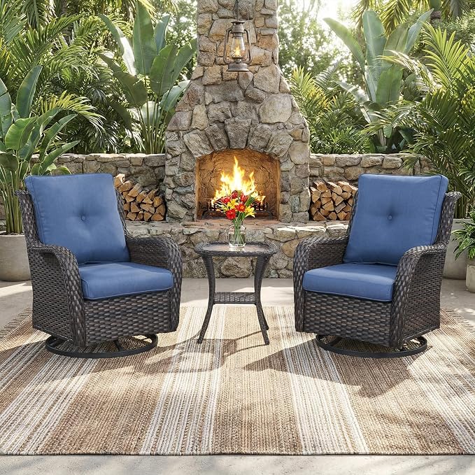 Outdoor Swivel Rocker Patio Chairs with Side Table 3 Pieces PE Wicker Patio Furniture Set for Porch Deck Balcony Garden