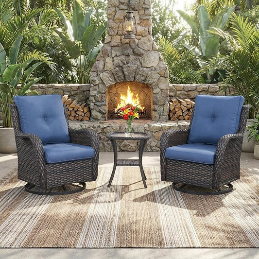 Outdoor Swivel Rocker Patio Chairs with Side Table 3 Pieces PE Wicker Patio Furniture Set for Porch Deck Balcony Garden