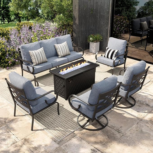 Sophia & William Patio Conversation Set for 7, 3-Seater Sofa, 2 Fixed Chairs, 2 Swivel Chairs and a 45" Fire Pit Table, Metal Outdoor Furniture with 5.75" Extra Thick Cushions, Grey