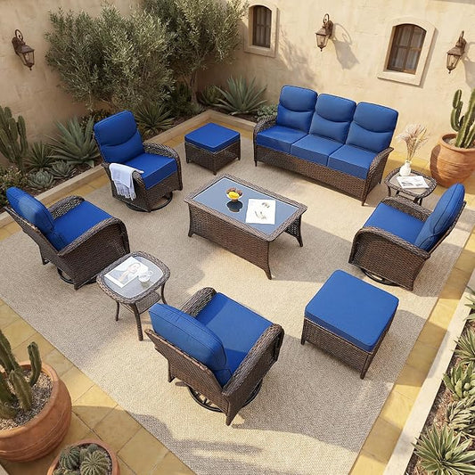 Patio Furniture Set with Luxury 6" Cushions, 10 Pieces Swivel Rocking Patio High Back Chairs, Couch and Ottoman, Outdoor Wicker Conversation Set for Deck, Porch, Backyard, Poolside, Blue