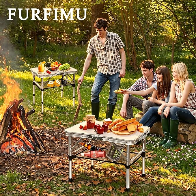 Small Folding Table with Storage Net, 24" x 16" Portable Foldable Camping Table with 3 Adjustable Height, White Metal Table for Beach, Patio, BBQ