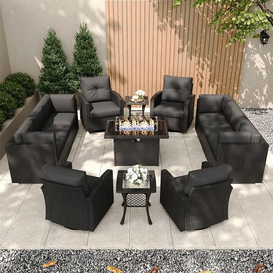 Patio Furniture Set with Fire Pit Table, 13 Pieces Outdoor All-Weather Wicker Conversation Sectional Chair Sofa Set with 4 Swivel Chairs