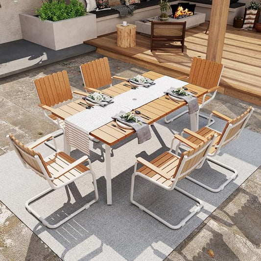 7 Piece Outdoor Conversation Set for 6, HDPE Patio Seating Set with Table and Chairs, All-Weather Outdoor Lounge Furniture with Umbrella Hole for Garden, Porch, Poolside, White & Teak