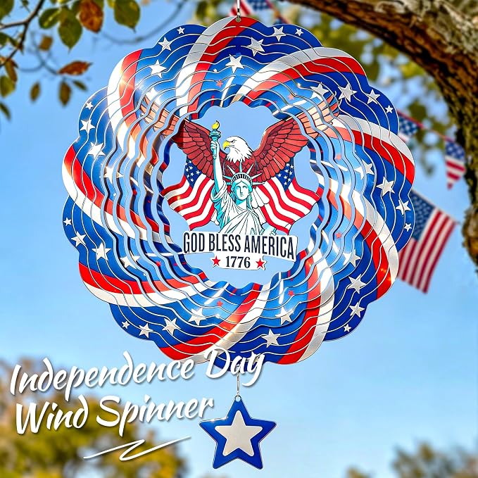 250th USA Anniversary 12 Inch Wind Spinner Patriotic Decoration | Patriotic Outdoor Garden Decor with Statue of Liberty Design, Stainless Steel Yard Art for Outdoor & Indoor, Gift for Men