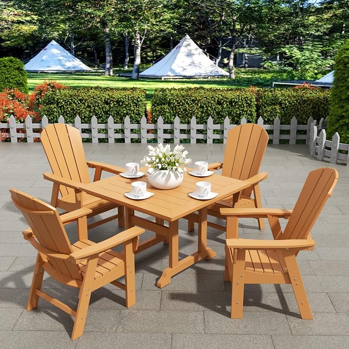 WestinTrends Malibu Outdoor Dining Table, All Weather Poly Lumber Adirondack 43" Trestle Square Patio Table with Umbrella Hole, Teak