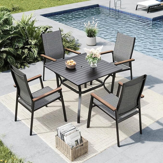 MFSTUDIO 5 PCS Patio Dining Set with 4 Stacking Aluminum Armchair(Grey) and 1 Square Heavy Duty Table, Patio Dining Table and Chairs Set, Outdoor Dining Set