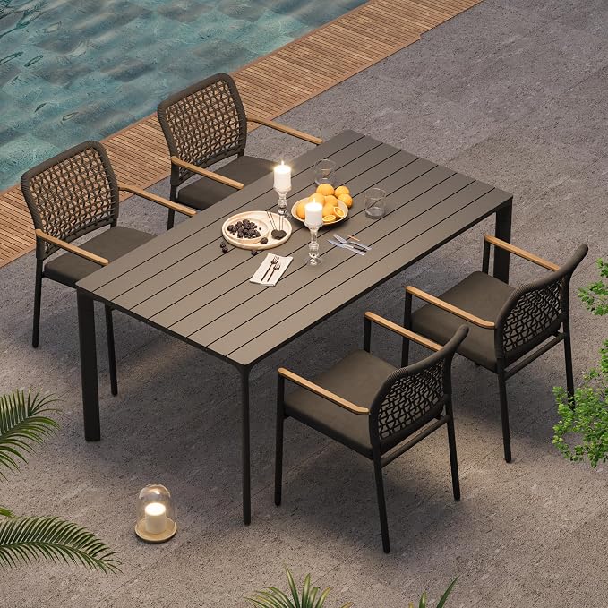 Modern Shade 5 Piece Luxury Outdoor Dining Set, Designer Outdoor Table and Chairs with Fade Resistant Cushions & FSC Teak, Premium Aluminum Patio Table and Chairs Set for Elegant Outdoor Living, Gray