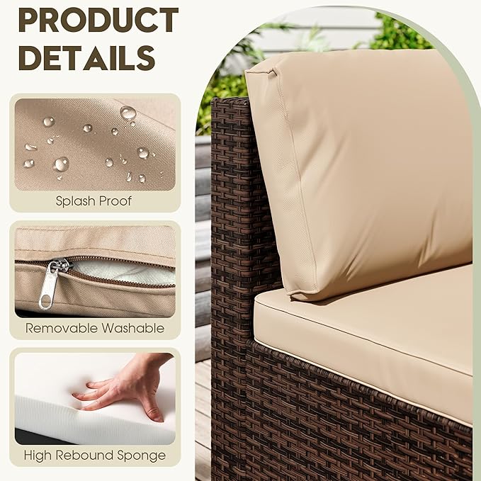 LHBcraft 7 Piece Patio Outdoor Furniture Set, Outdoor Sectional Furniture, Outside Patio Sofa Sectional All-Weather Manual Weaving PE Rattan Wicker, Beige Cushion and Glass Table
