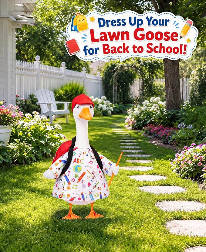Back to School Porch Goose Outfits, First Day of School Lawn Goose Outfit Set with Dress Hat Schoolbag Pencil Goose Costume for School Classroom Outdoor Porch Garden Patio Yard Lawn Decor