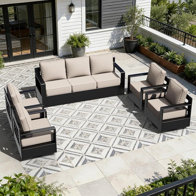 Outdoor Aluminum Furniture Set, 5-Piece Patio Conversation Set, 4 Swivel Chairs and 1 Sofa, All-Weather Metal Frame, 6" Thick Removable Cushions, Deep Setting for Garden, Poolside and Porch