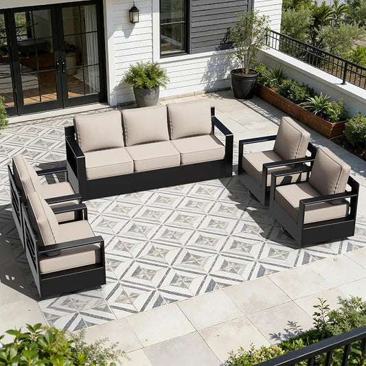 Outdoor Aluminum Furniture Set, 5-Piece Patio Conversation Set, 4 Swivel Chairs and 1 Sofa, All-Weather Metal Frame, 6" Thick Removable Cushions, Deep Setting for Garden, Poolside and Porch