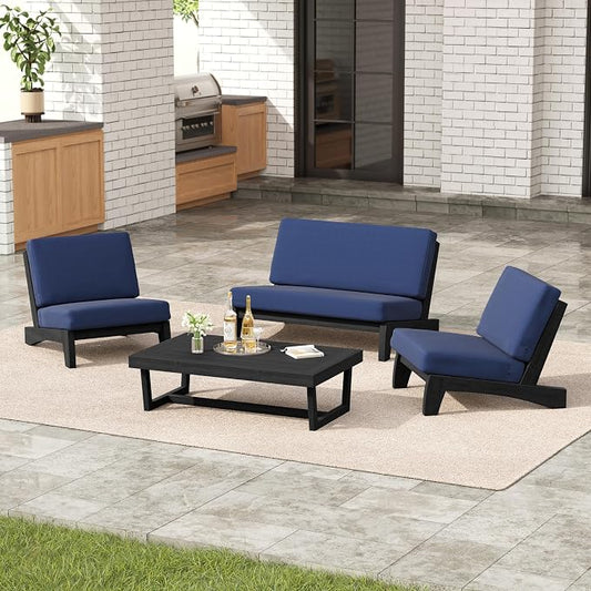 4 Pieces Patio Furniture Sets, All-Weather Outdoor Wood Bistro Set Patio Conversation Coffee Table Chiars and Patio Loveseat for Balcony, Backyard