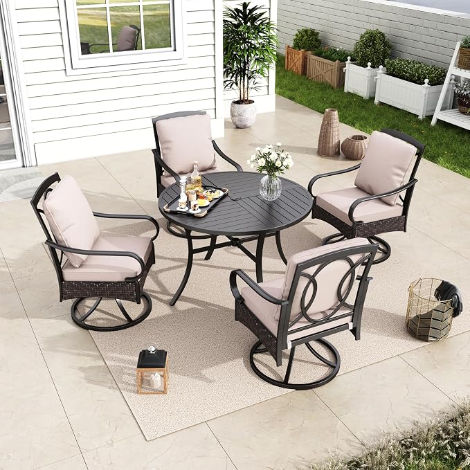 MFSTUDIO Round Patio Table and Chairs, 5 Piece Patio Dining Set, Outdoor Table and Chairs for 4, Square Metal Dining Table with Swivel Chairs, Outdoor Dining Set for 4, 1.57-1.9’’ Umbrella Hole