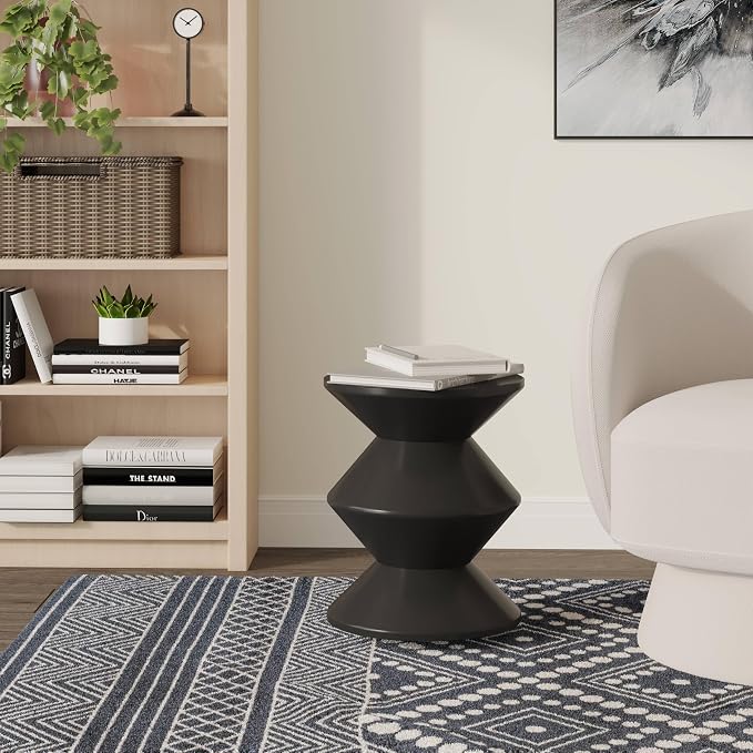 LeisureMod Aura Collection Modern Round Side Table - Black ABS Plastic Double-Hourglass Pedestal - No Assembly Weatherproof Accent Furniture for Living Room, Patio & Outdoor Decor